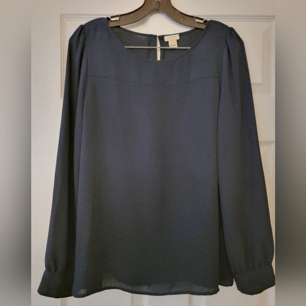 J CREW Smock Blouse Navy Blue Chiffon Top LS Size S Whimsygoth Coquette Basic